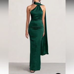 BOTTLE GREEN SATIN ASYMMETRIC SCARF NECK BACKLESS MAXI DRESS